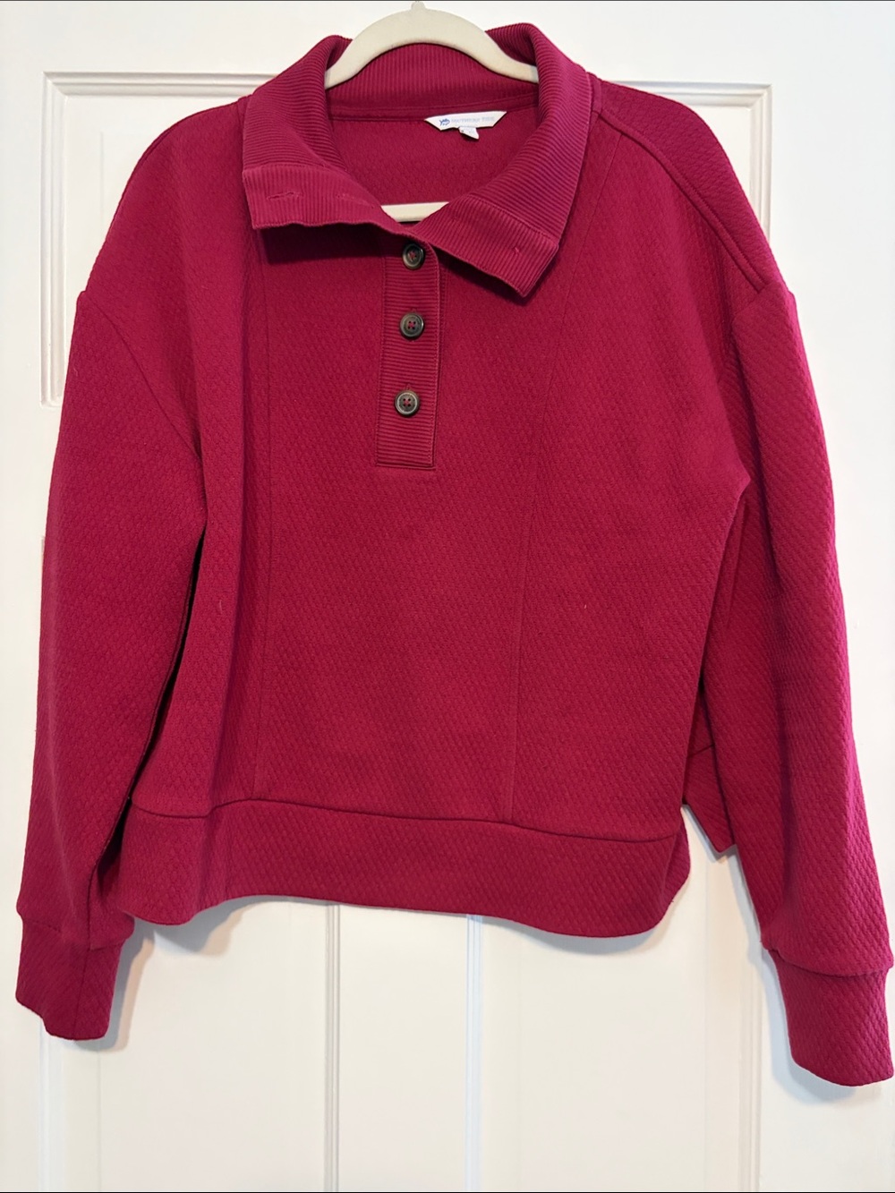 Southern Tide Raspberry Button-Front Turtleneck Pullover
